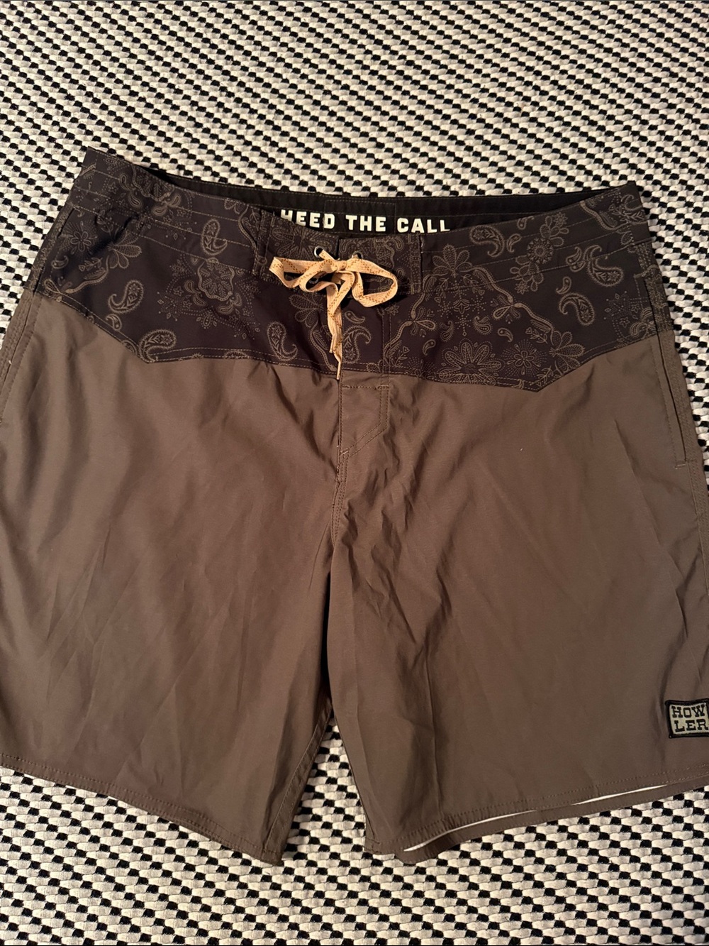 Howler Brothers Olive Green Board Shorts with Black Paisley Waist